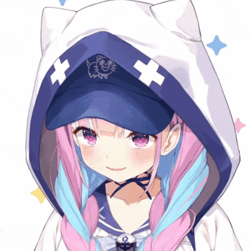 a girl with pink and blue hair wearing a blue hat