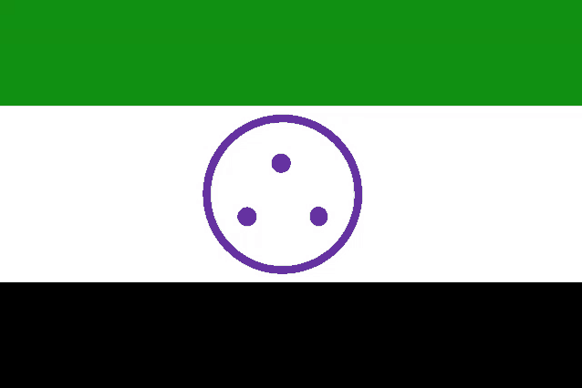 a green and white flag with a purple circle with three dots