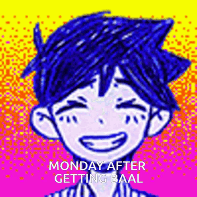 a pixel art drawing of a boy with blue hair and the words monday after getting baal