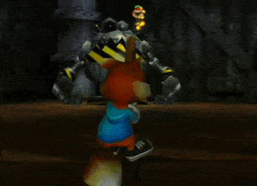 a cartoon character is standing on a metal object