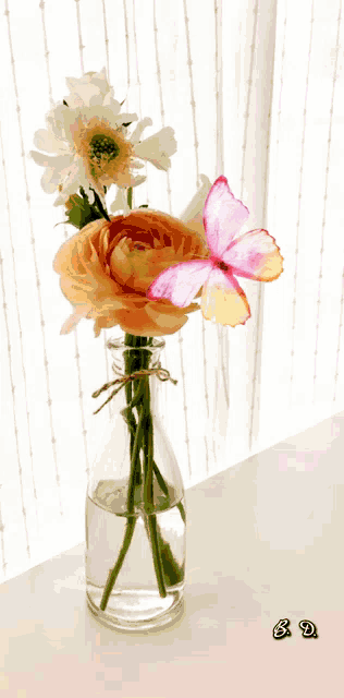 a vase of flowers with a pink butterfly on top of it