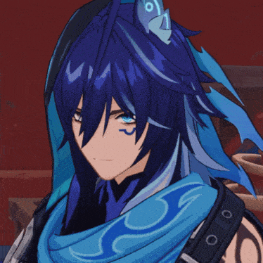 a close up of a person 's face with a blue scarf around their neck
