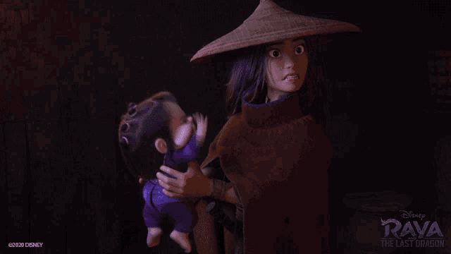 a poster for disney 's raya the last dragon shows a woman holding a baby