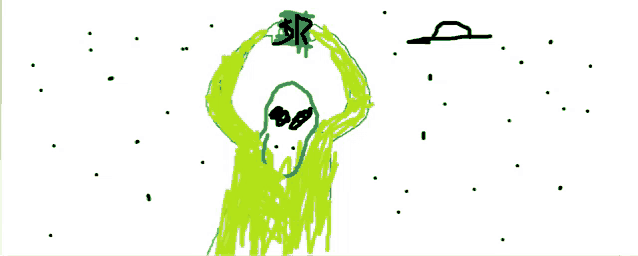 a drawing of a green alien with a dollar sign on its head