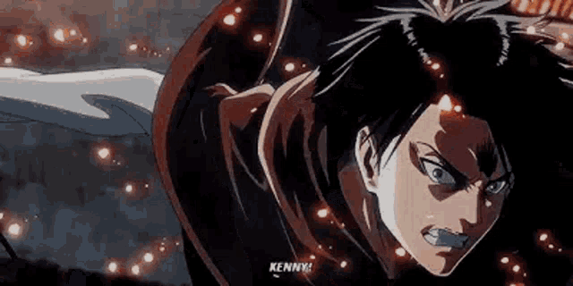 a close up of a person 's face in a cartoon with a sword in his hand .