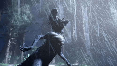 a computer generated image of a monster in the rain with trees in the background