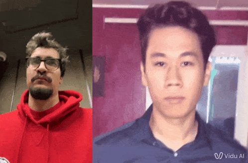 a man in a red hoodie is next to a man in a blue shirt with the words vidu al on the bottom