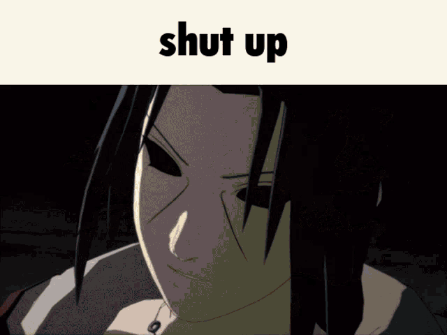 a close up of a person 's face with the words " shut up " above it