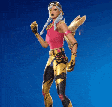 a woman in a pink top and gold pants is standing with her arms outstretched on a blue background .