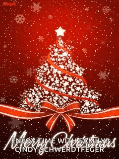 a red background with a christmas tree made of stars and ribbons