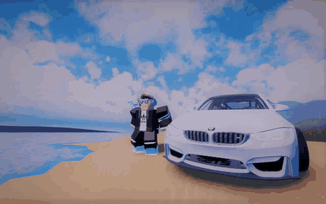 a person standing next to a white car that says bmw on it