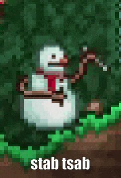 a pixel art of a snowman with the words stab tsab written below it