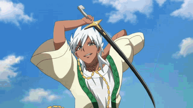 a cartoon character with white hair is holding a sword in front of a blue sky