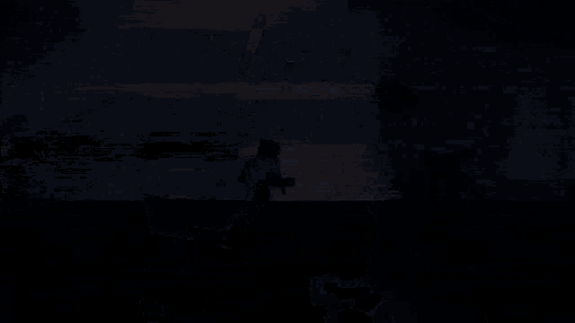 a silhouette of a person holding a sword and a chainsaw