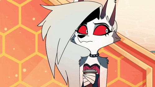 a cartoon character with horns is holding a cup of coffee