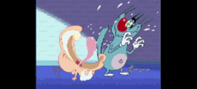 a cartoon of oggy the cat standing next to a cartoon character