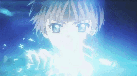 a close up of a person 's face with a blue light coming out of their mouth
