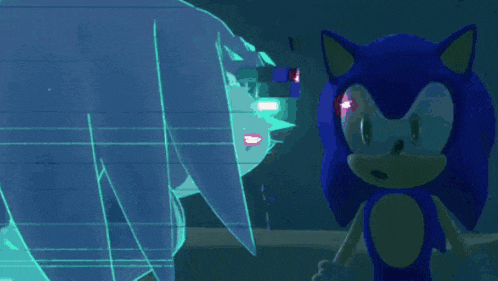 a blue sonic the hedgehog is standing in front of a blue screen .