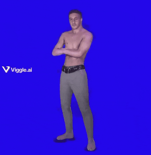 a shirtless man is dancing in front of a blue background with the letters viggle.ai visible