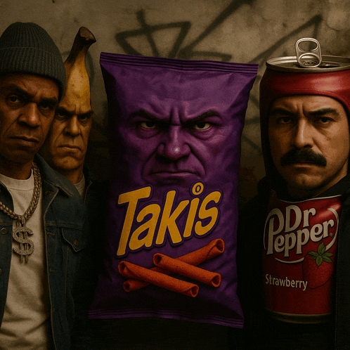 a purple bag of takis sits next to a can of dr. pepper