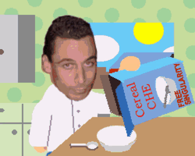 a man is pouring cereal into a bowl with a box that says cereal chee