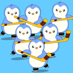 a group of penguins holding hockey sticks in their hands