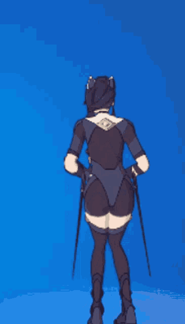 a woman in a black bodysuit is standing in front of a blue background with a sword in her hand .