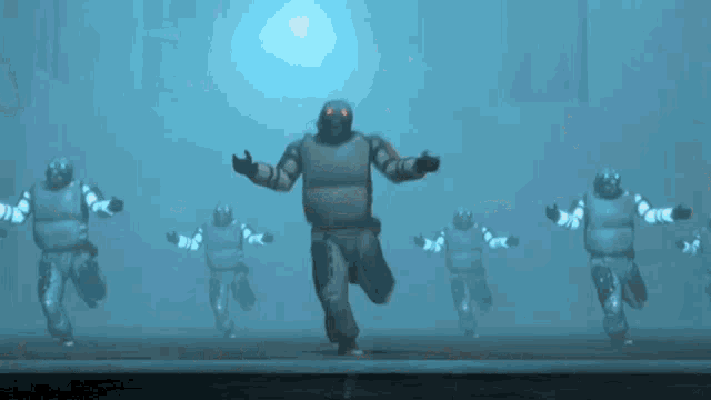 a group of soldiers are running in a foggy area