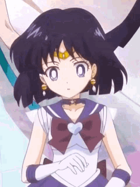 a close up of a girl in a sailor suit with purple hair and a heart on her chest .