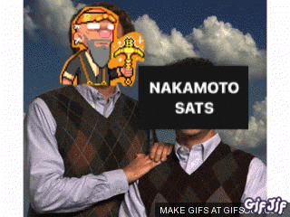 a man holding another man 's arm with a sign that says nakamoto sats on it