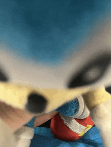 a sonic the hedgehog stuffed animal is being held by a child
