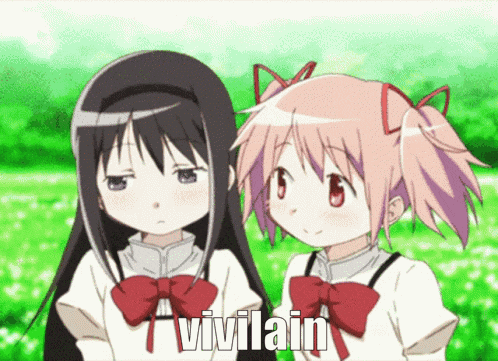 two anime girls are standing next to each other and the word vivilain is on the bottom left