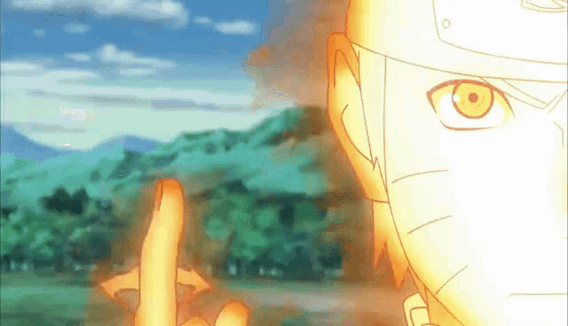 a close up of a person 's face with a yellow eye and a glowing finger .