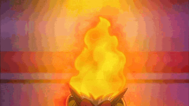 a cartoon character is standing in front of a large fire