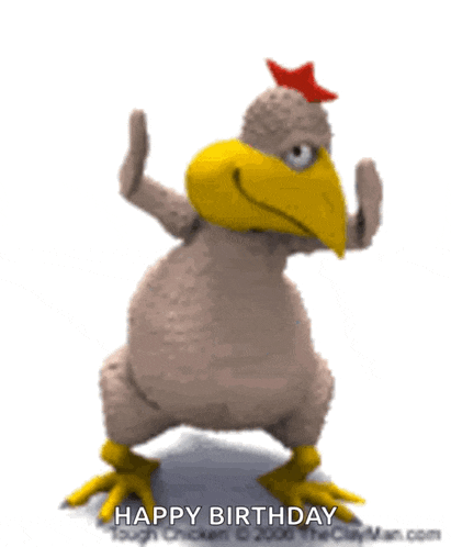 a cartoon chicken with the words happy birthday on the bottom right