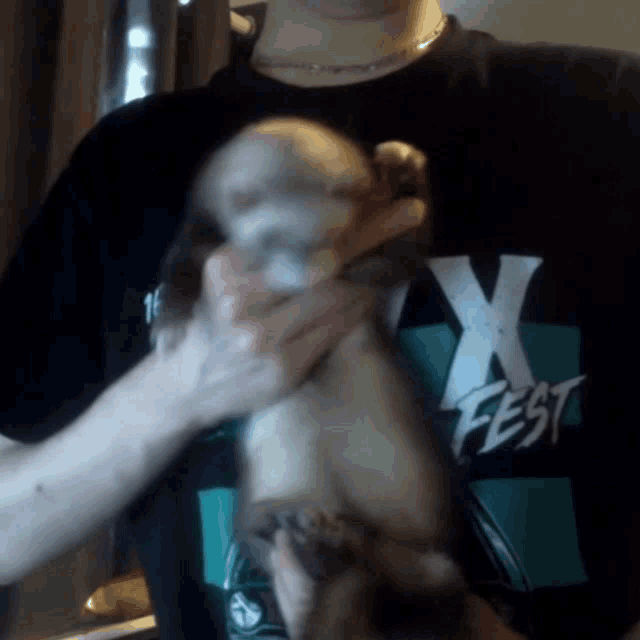 a person wearing a black shirt that says x fest is holding a small animal
