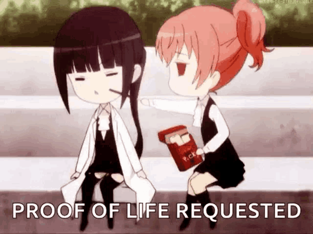 two anime girls are sitting next to each other on a bench and one girl is holding a box of cigarettes .
