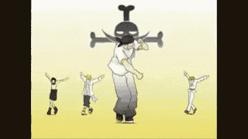 a group of people are dancing in front of a skull and crossbones symbol