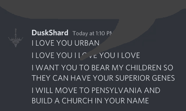 a message from duskshard that says i love you urban and i love you i love