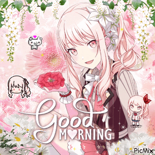 a picture of a girl holding a flower with the words good morning written below her