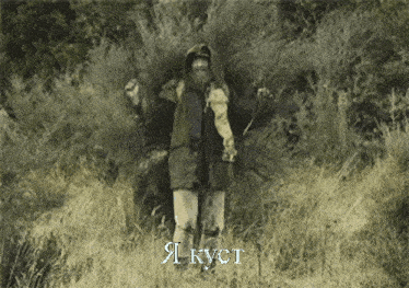 a man in a hooded jacket stands in a field of tall grass with the word я kyct written below him