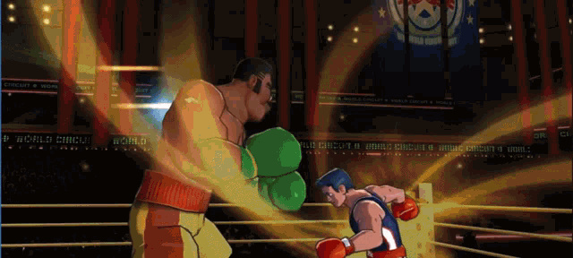 two boxers are fighting in a ring with a banner that says world of boxing