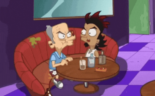 two cartoon characters are sitting at a table with bottles of alcohol