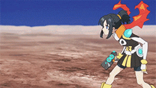 a girl with a ponytail and a scarf around her head is holding a gun