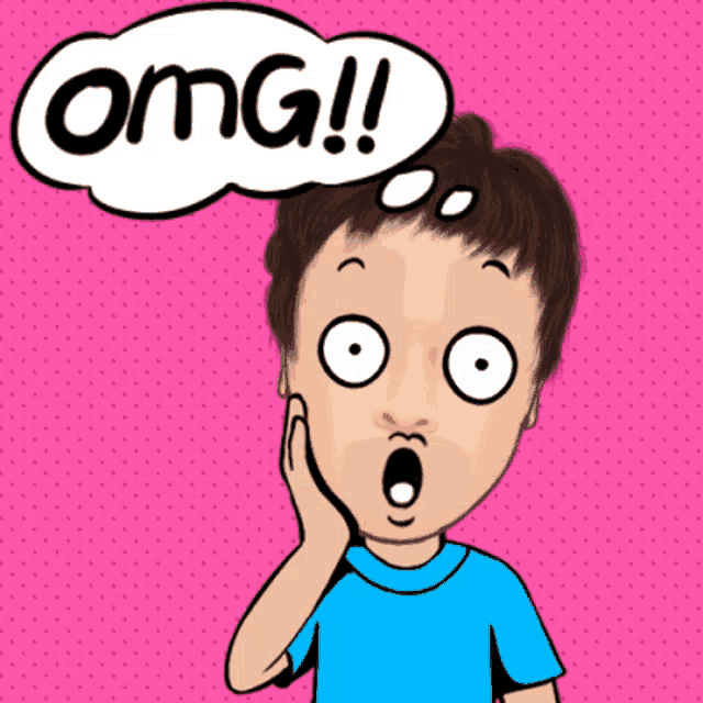 a cartoon of a boy with a surprised look on his face and a speech bubble that says omg