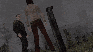 a man and a woman are standing in a cemetery and the woman says " this uh this town there 's something wrong "