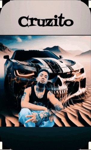 a man is sitting in front of a car with a skull painted on it