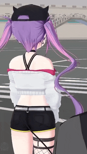 a girl with purple hair is wearing a black hat and shorts