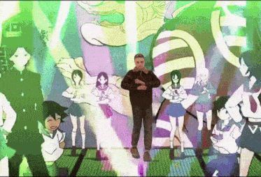 a man in a black jacket stands in front of a painting of anime characters