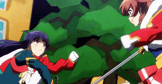 two anime girls are fighting each other with swords in a cartoon .